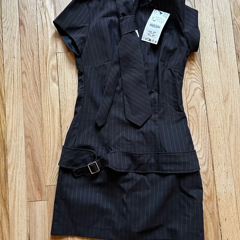 Zara Brown Pinstripe Mini Dress with Belt